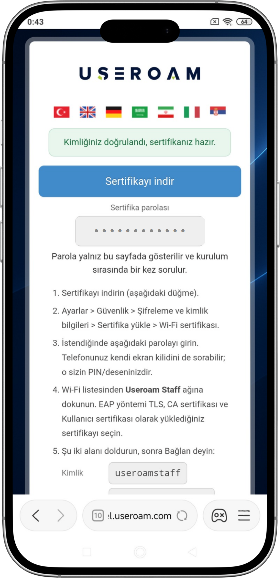 Certificate ready screen: download button, certificate password and steps