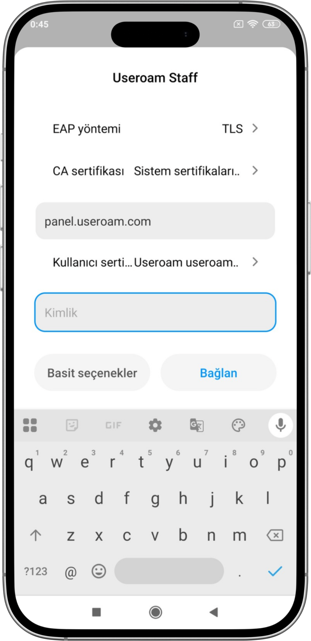 Advanced Wi-Fi form: EAP method, CA certificate, user certificate, identity
