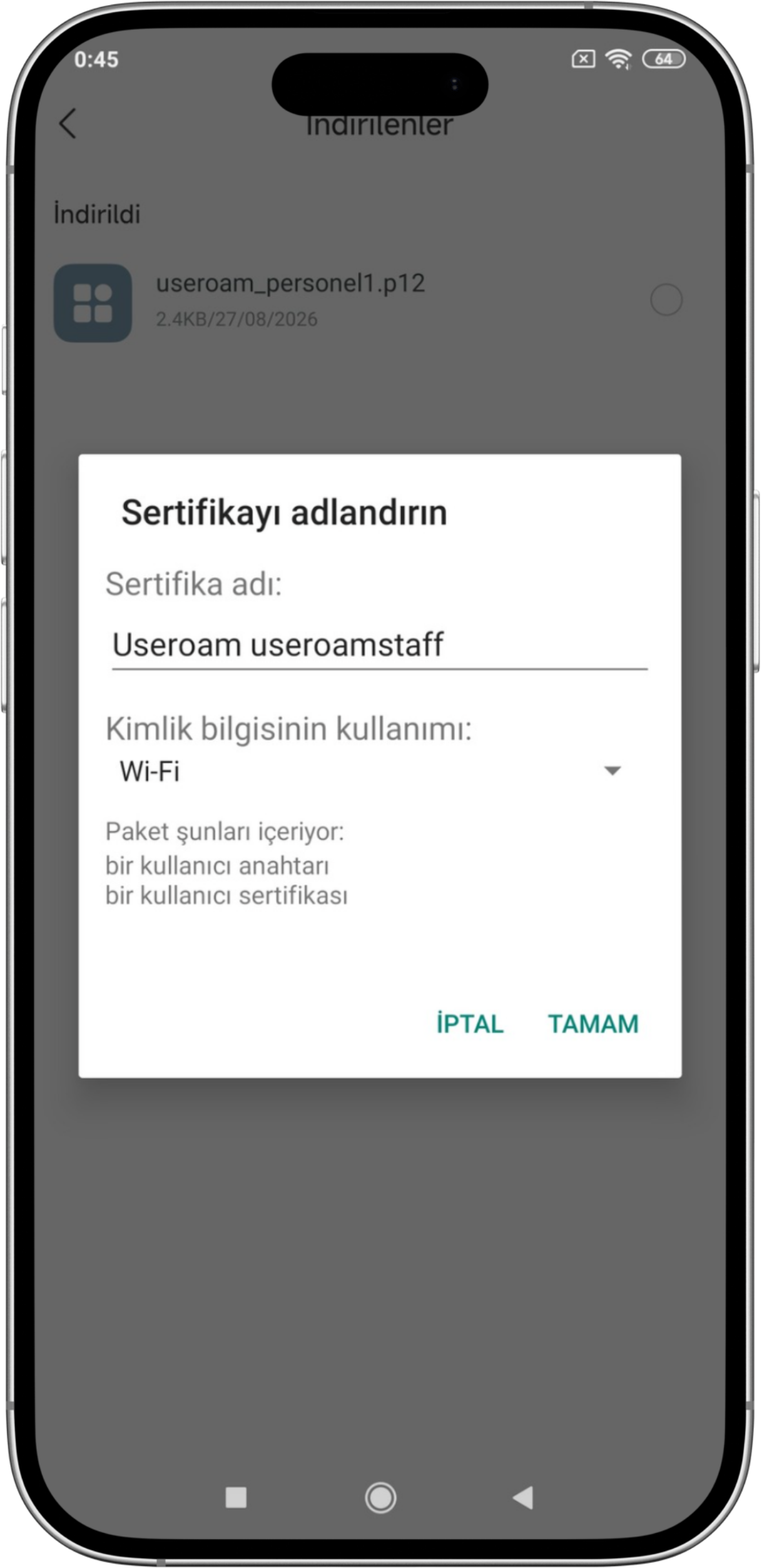 Name the certificate, credential use set to Wi-Fi