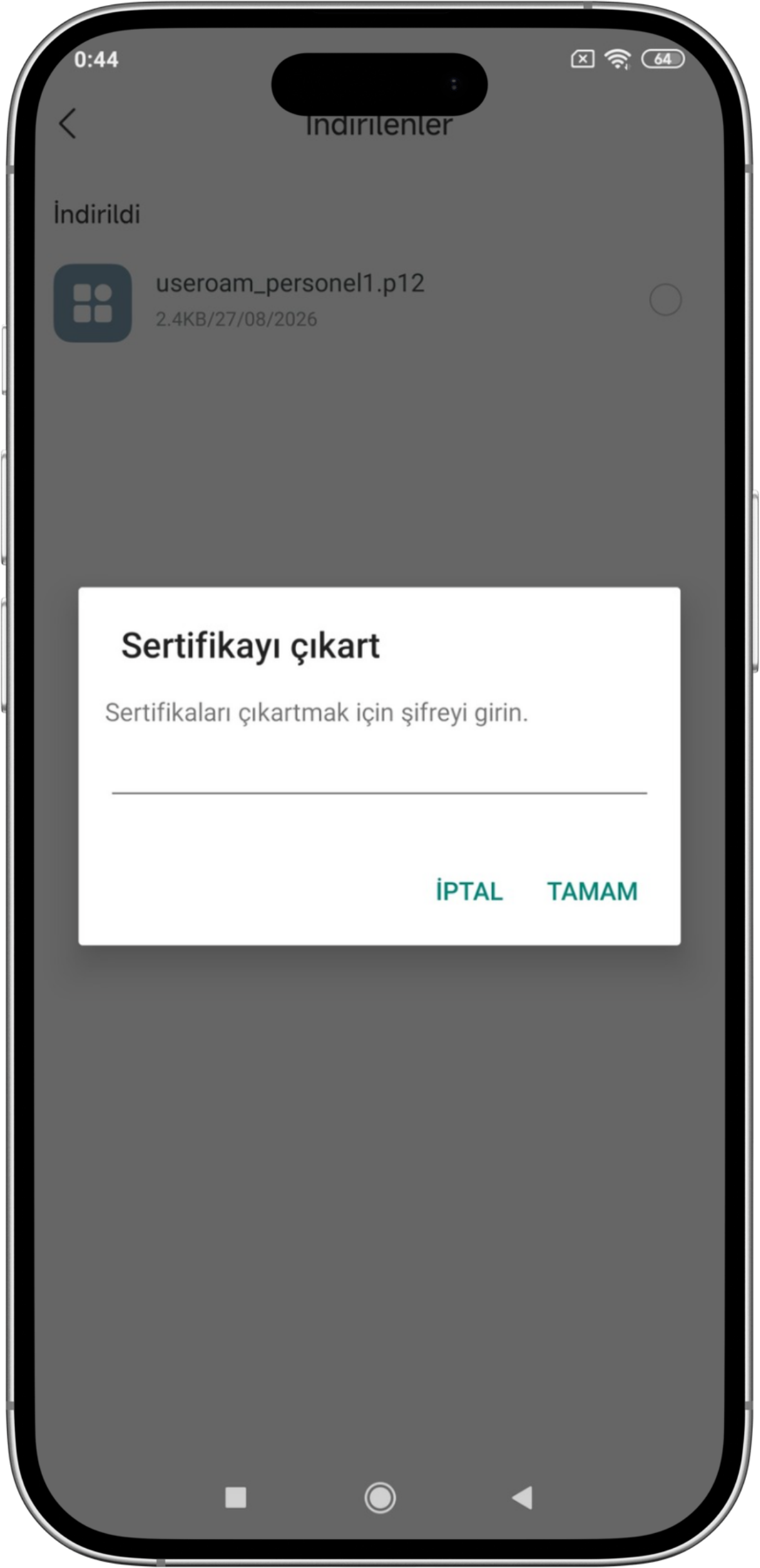 Extract certificate password dialog