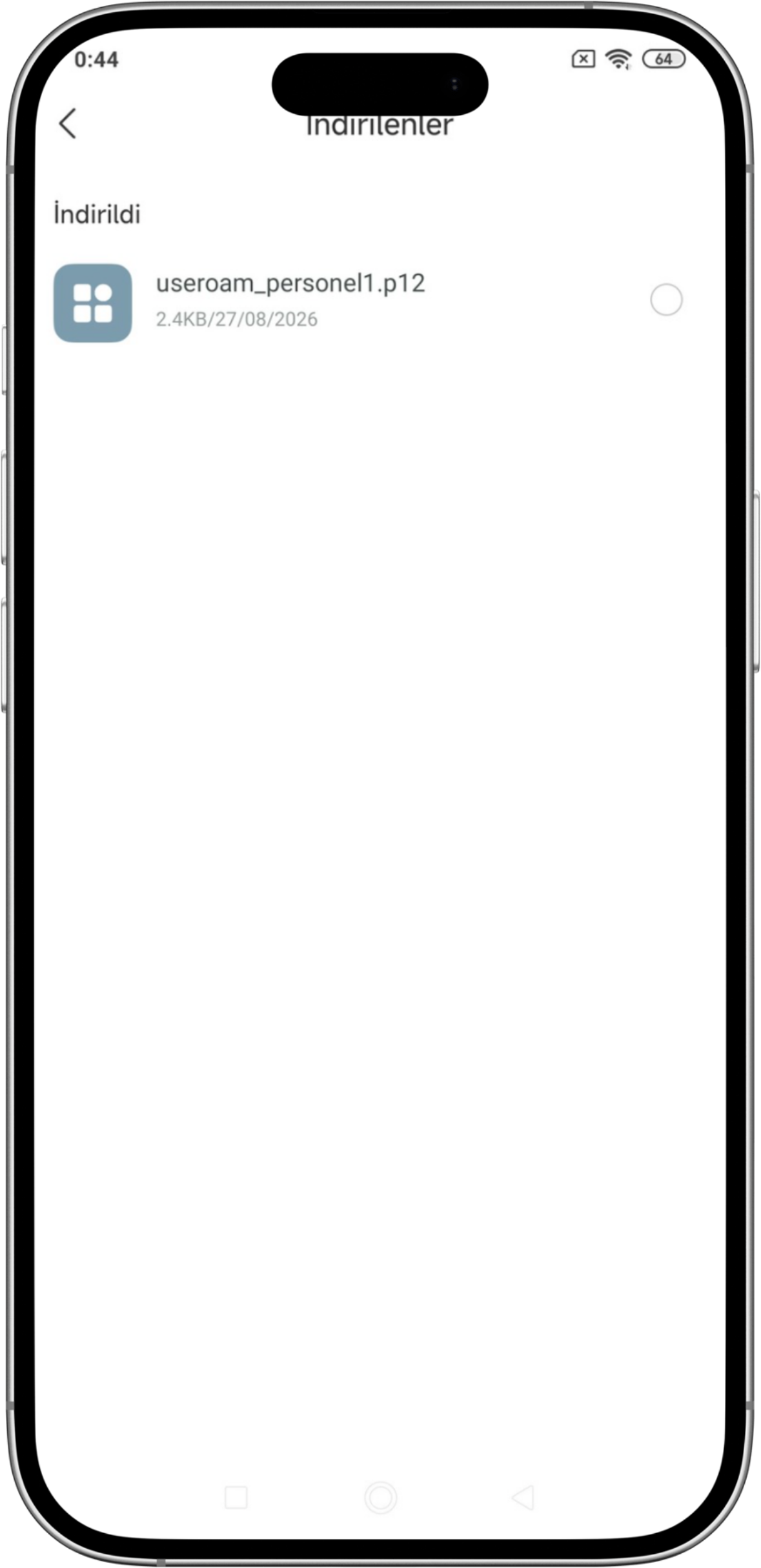 The .p12 file in the Downloads list