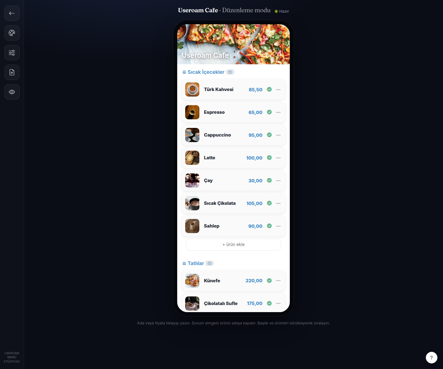 Menu Studio screen