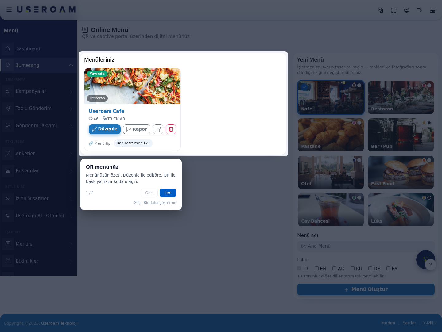 Online Menu screen