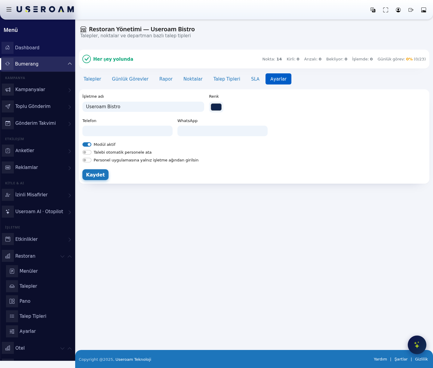 Restaurant Management – Settings screen