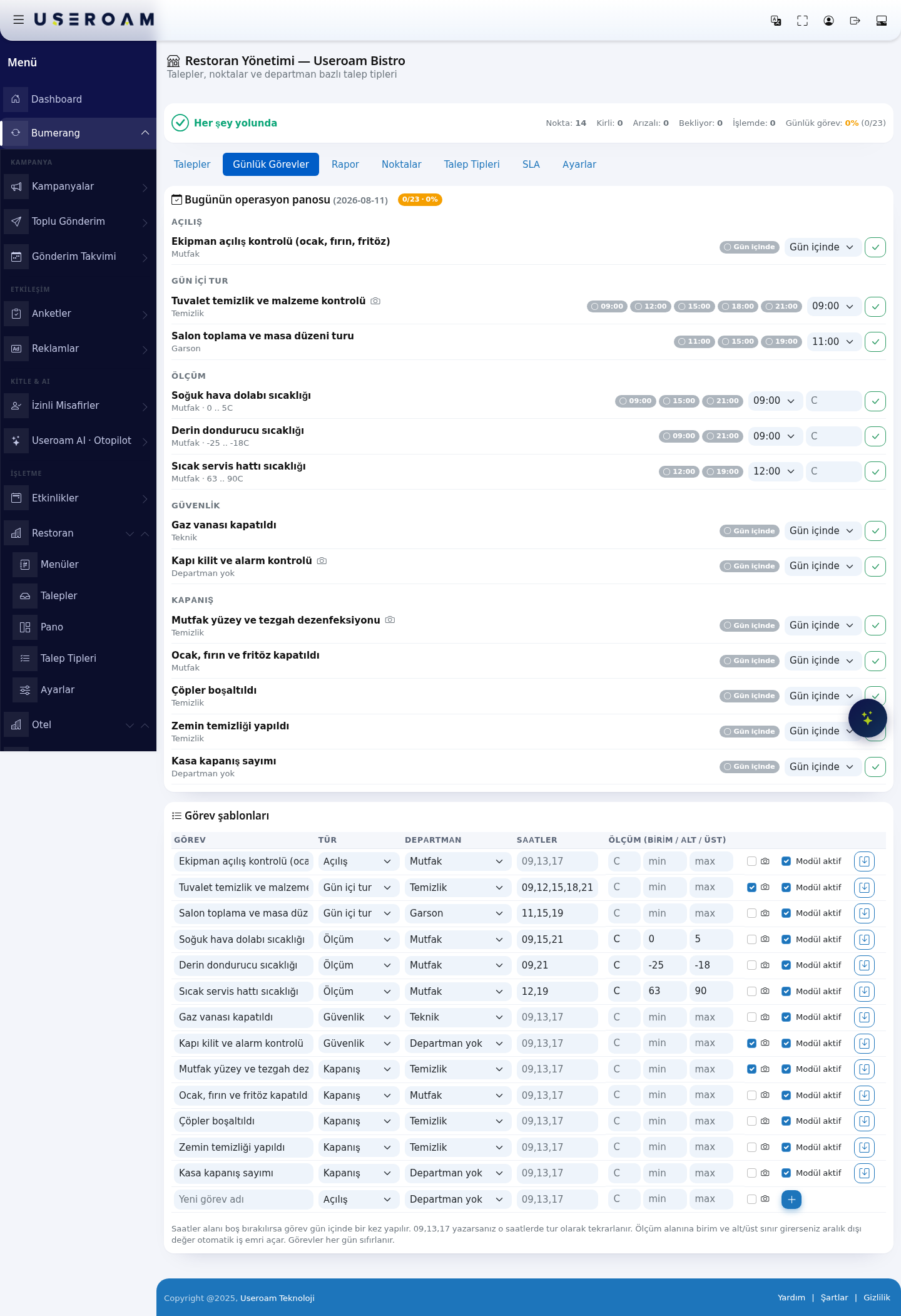 Restaurant Management – Daily Tasks screen