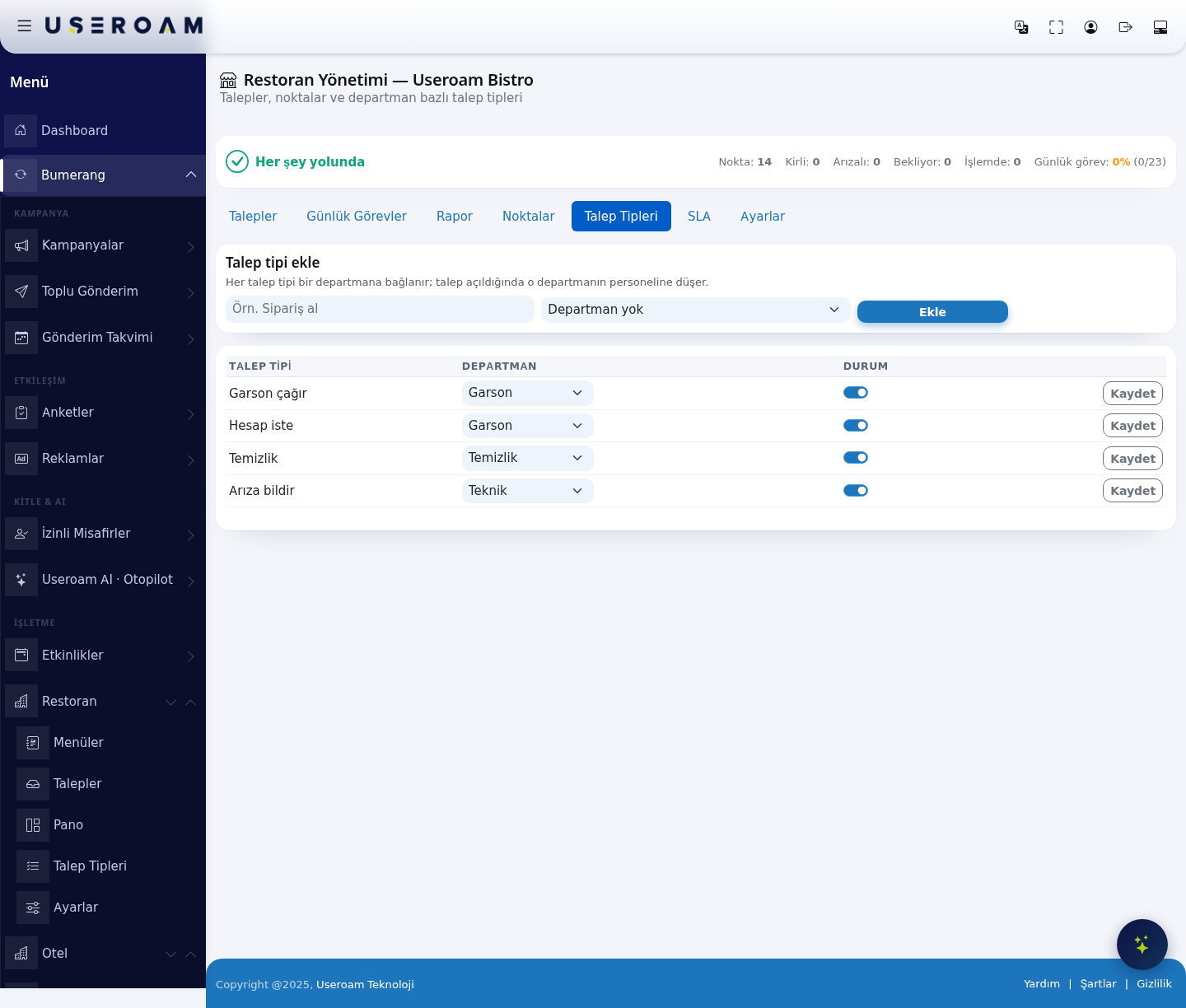 Restaurant Management – Request Types screen