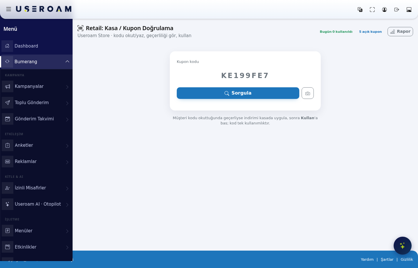 Retail Kasa / Kupon Doğrulama ekranı