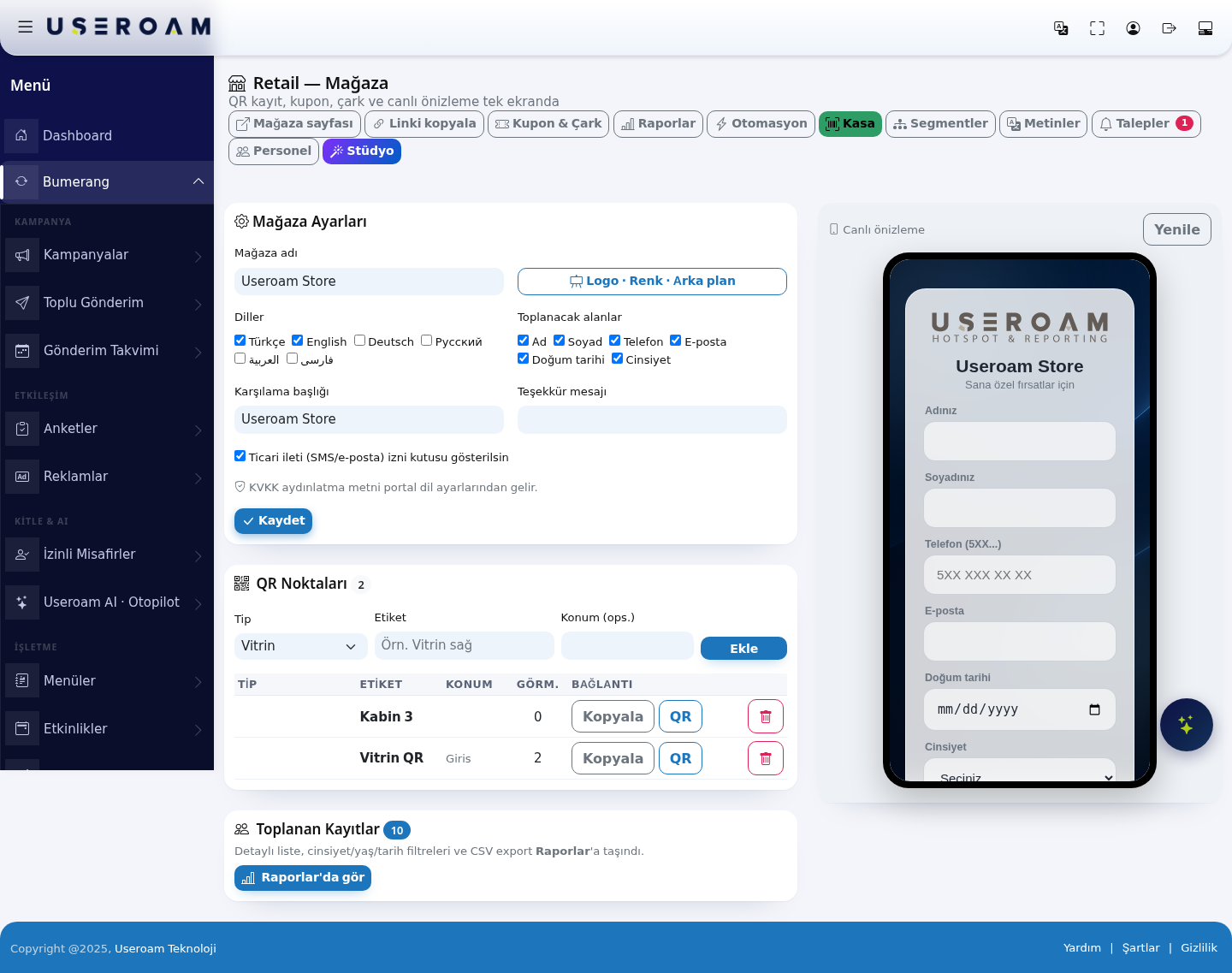Retail Store & QR Registration screen