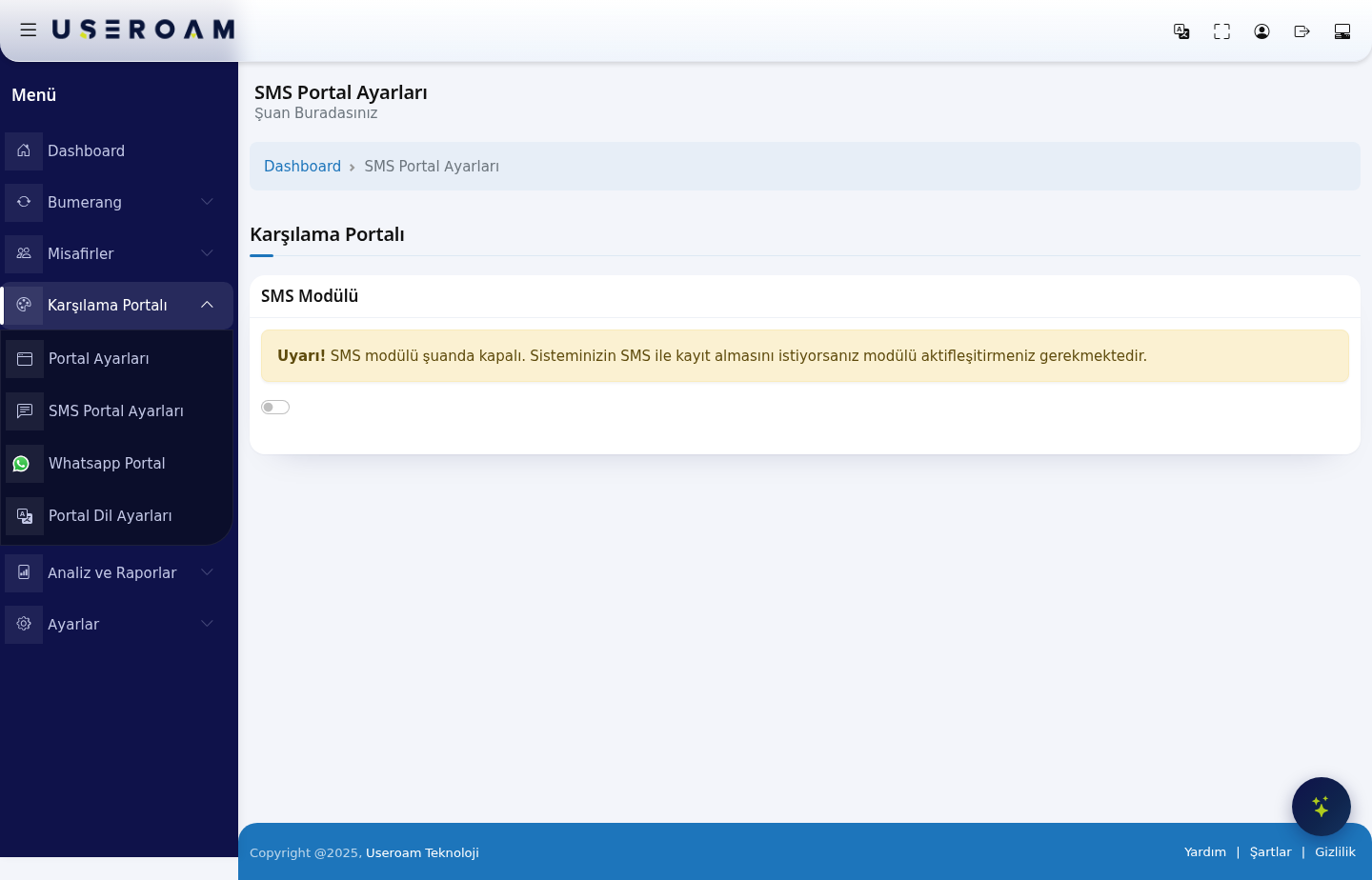 SMS Portal Ayarları ekranı