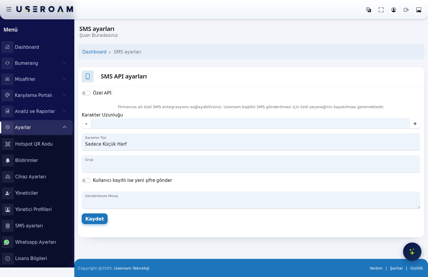 SMS Settings screen
