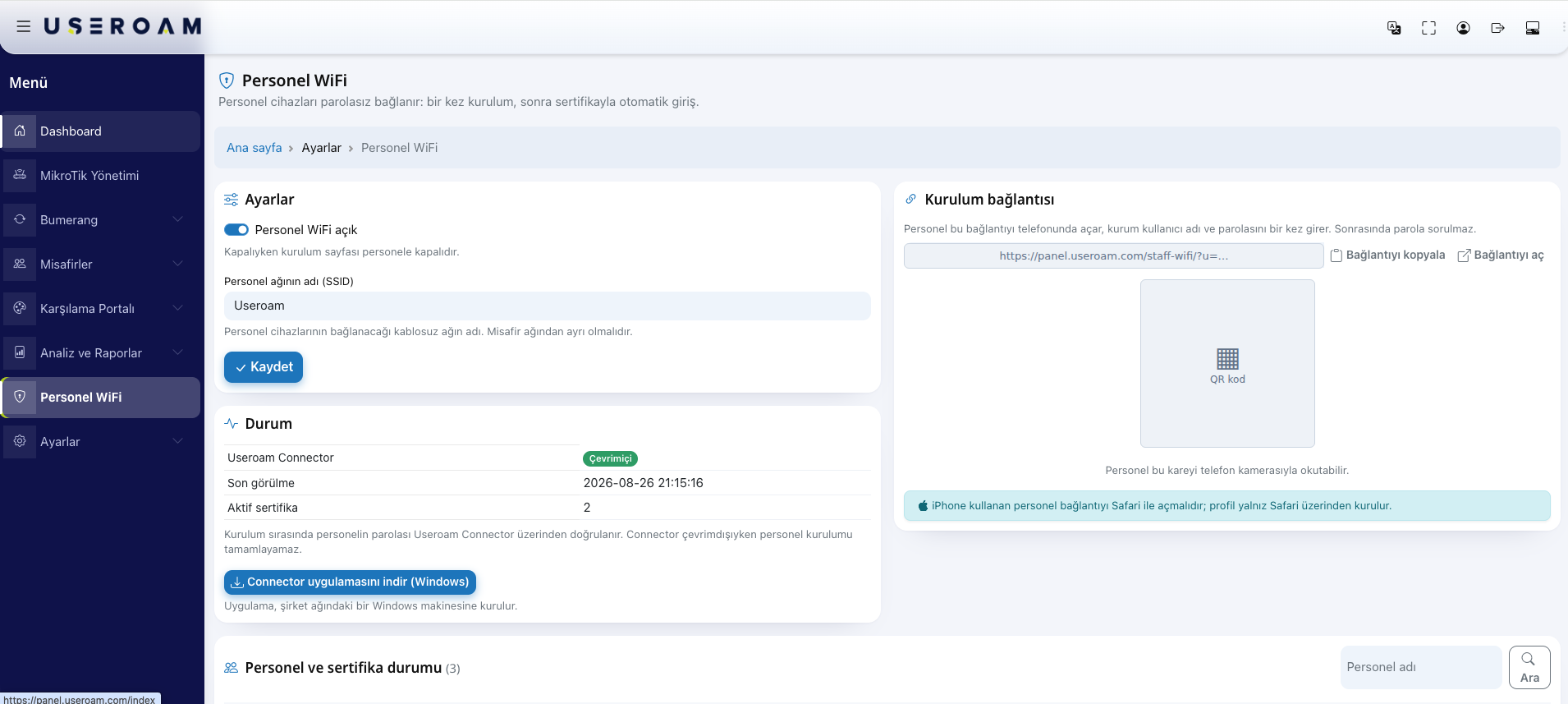 The Staff WiFi screen — Settings, Status and Setup link cards
