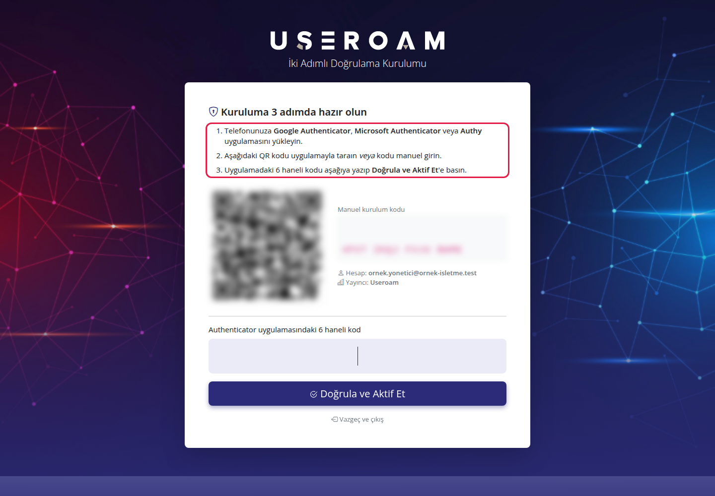İki Adımlı Doğrulama Kurulumu ekranı