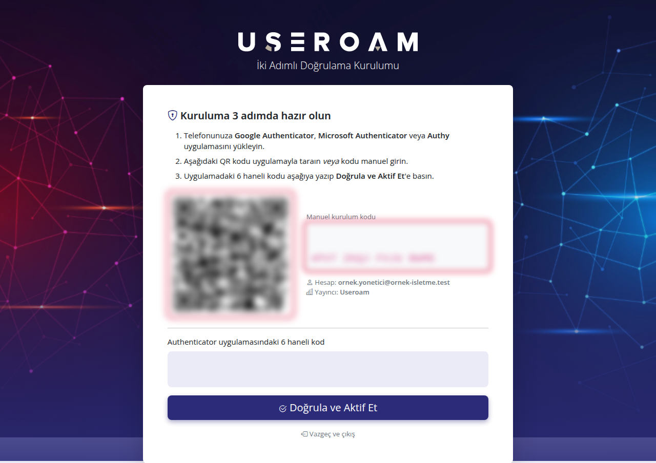 QR kod ve manuel kurulum kodu işaretli (görselde bulanıklaştırıldı)