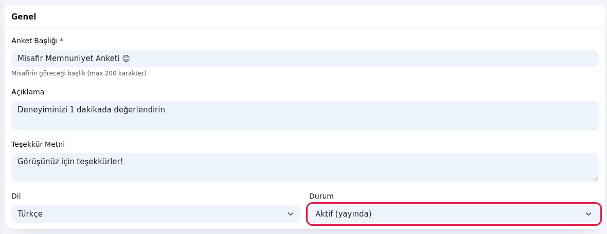 Genel kartı ve Durum kutusu