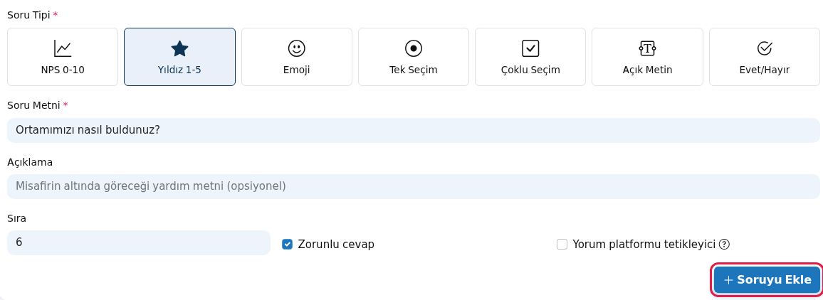 Yeni Soru Ekle formu