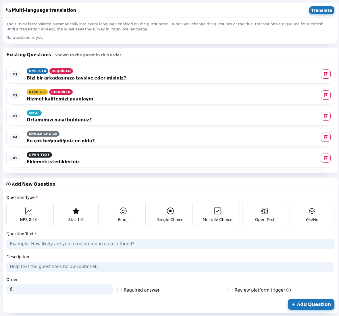 Questions tab and Existing Questions