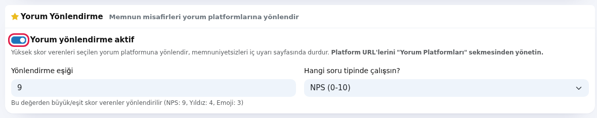 Yorum Yönlendirme kartı