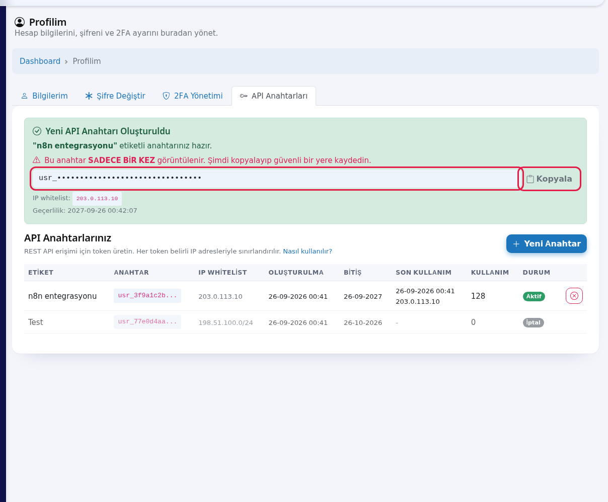 New key box with Copy button; key list below (sample data, key masked)