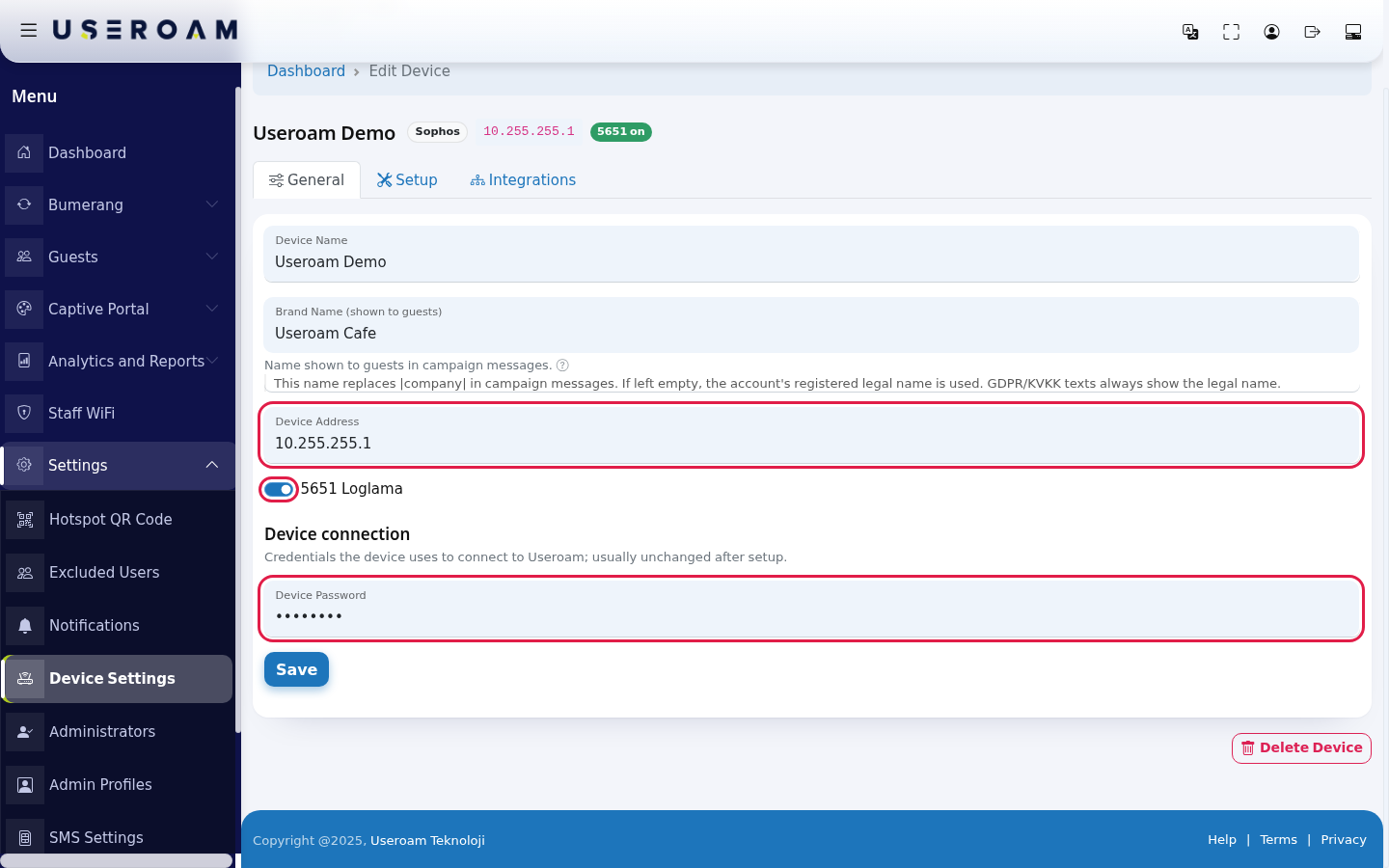 Device Address, 5651 logging and Device Password fields