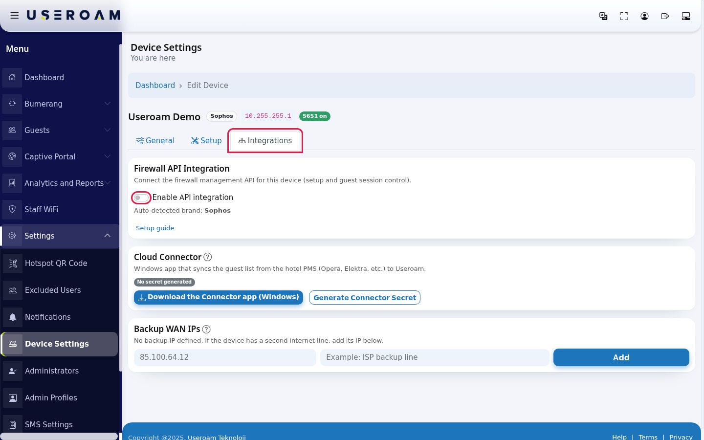 Integrations tab and Enable API integration switch