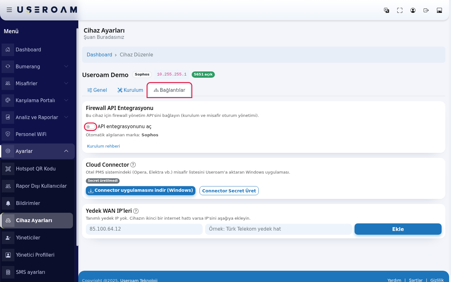 Bağlantılar sekmesi ve API entegrasyonunu aç anahtarı