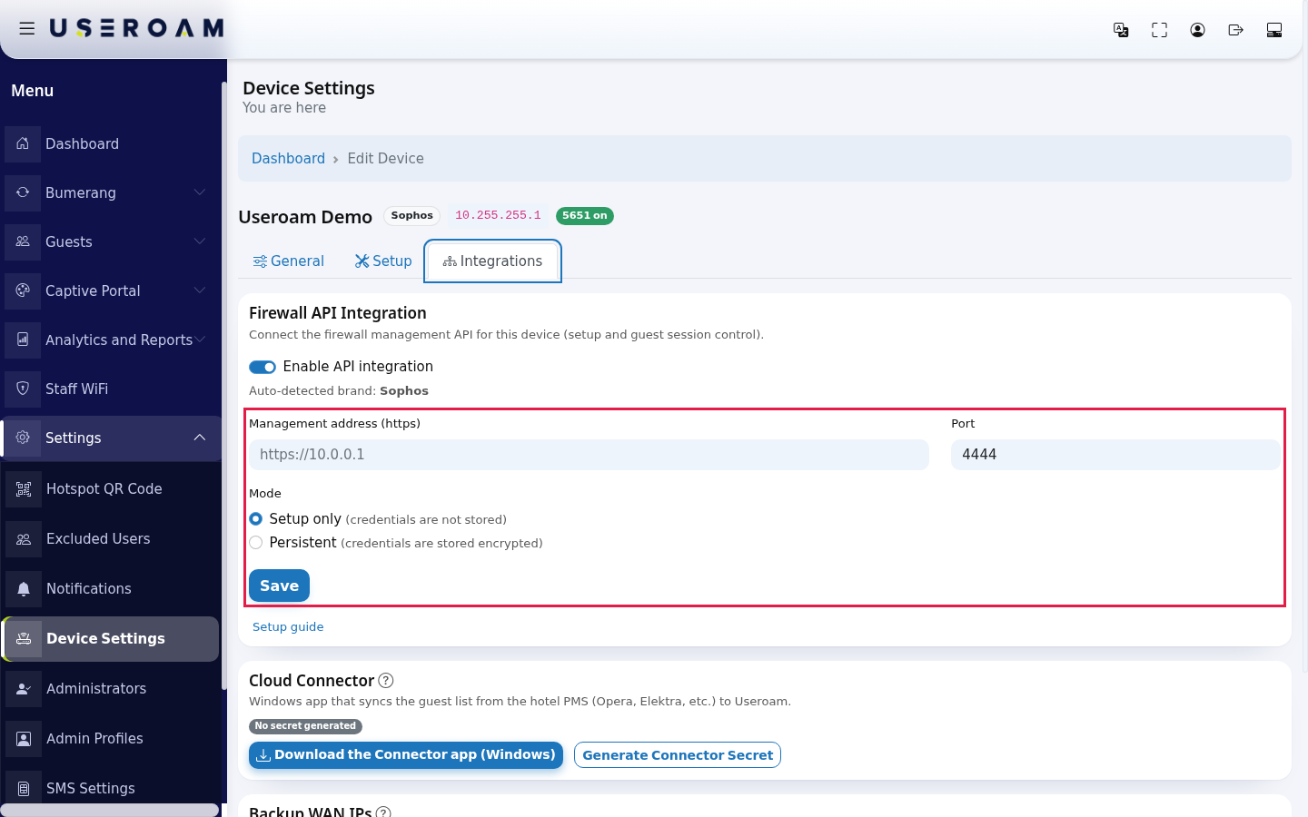 Management address, Port, Mode fields and Save