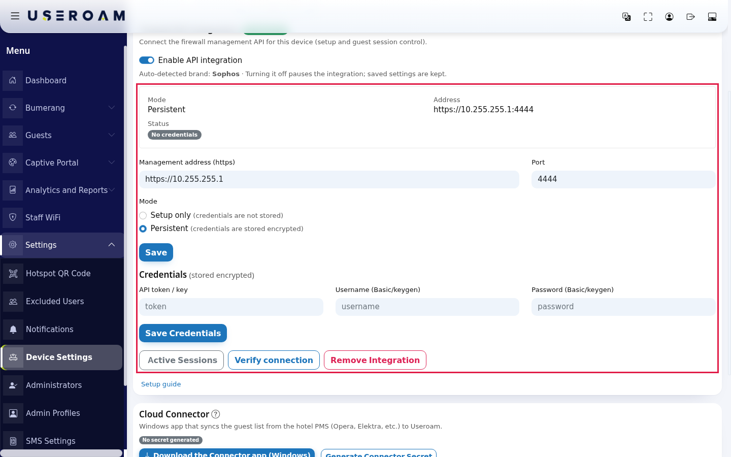 Device Settings, saved Firewall API integration on the Integrations tab