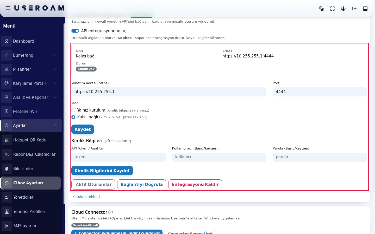 Cihaz Ayarları, Bağlantılar sekmesinde kayıtlı Firewall API entegrasyonu