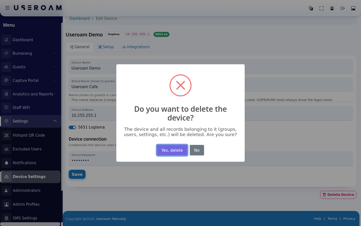 Delete device confirmation window