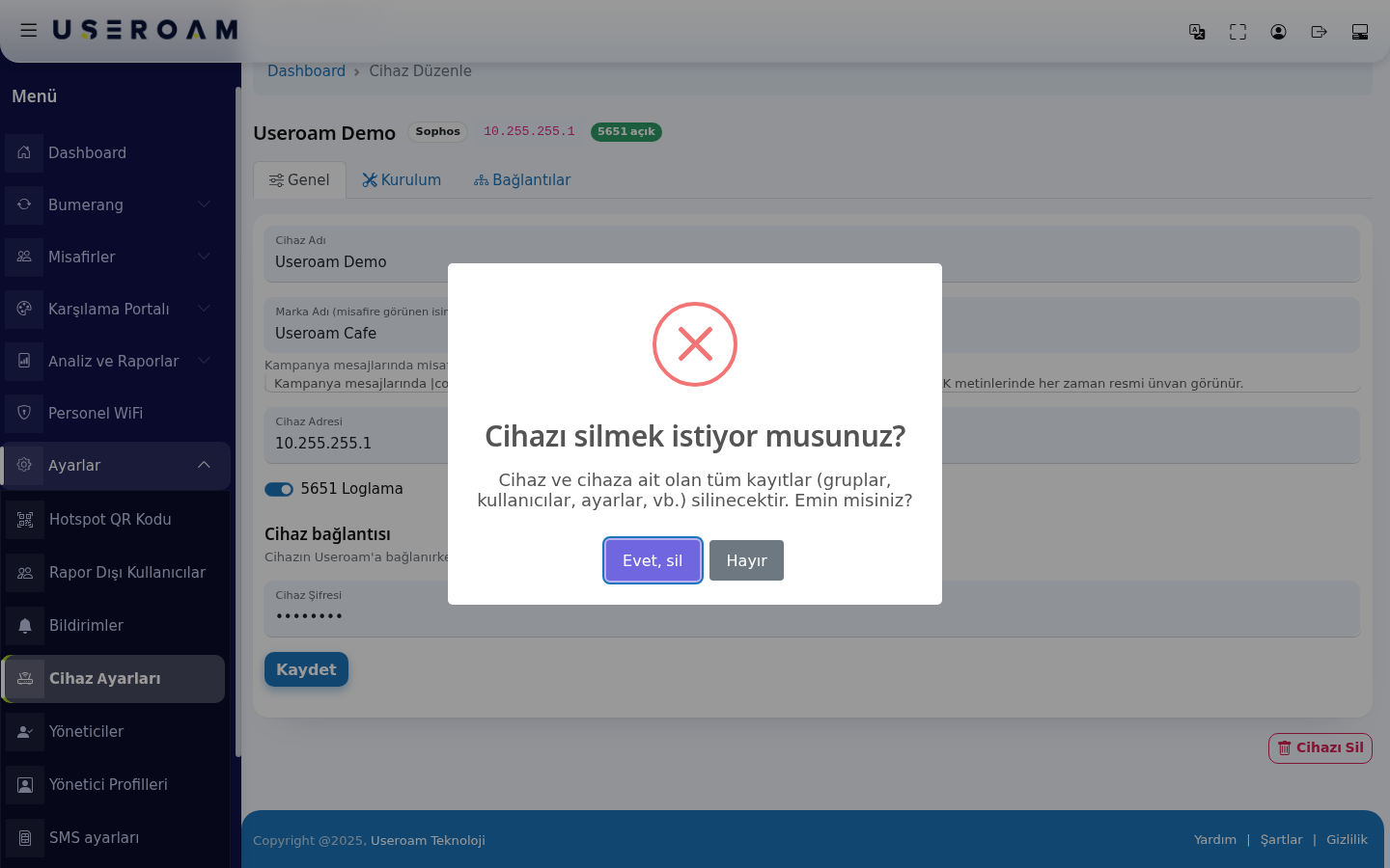 Cihazı silme onay penceresi