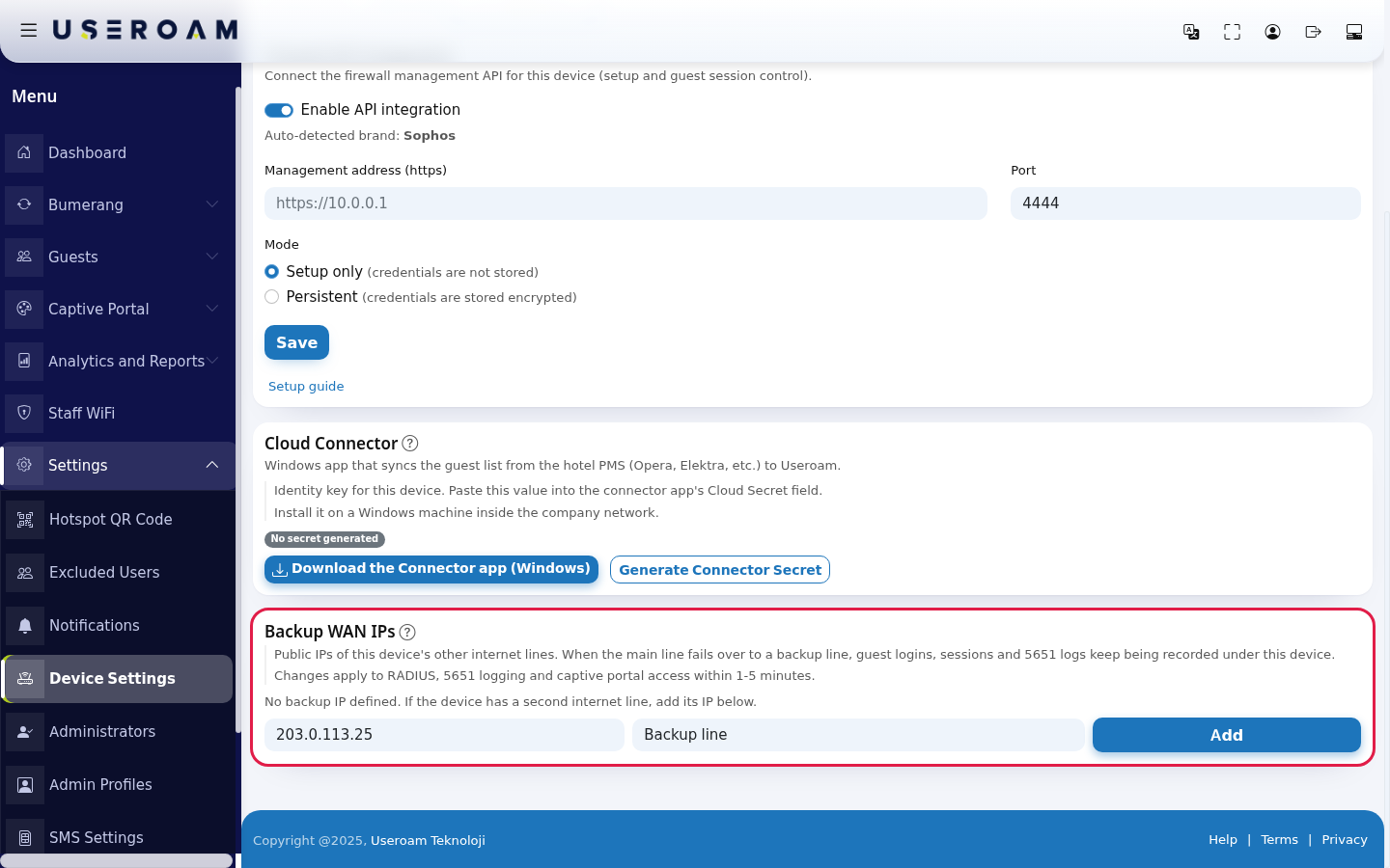 Backup WAN IPs card and Add button