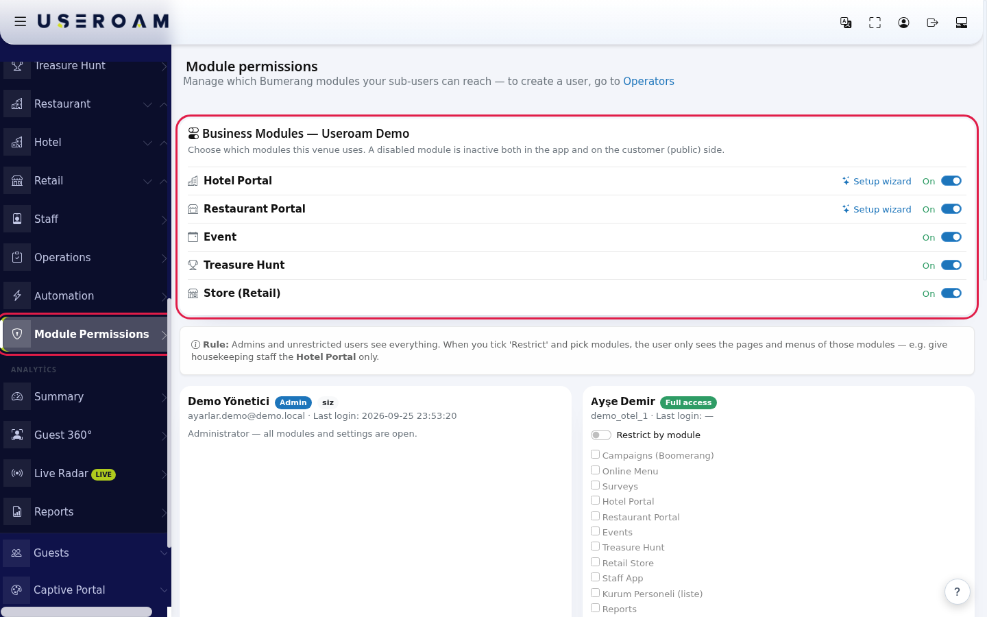 Business Modules card and Module Permissions link in the left menu