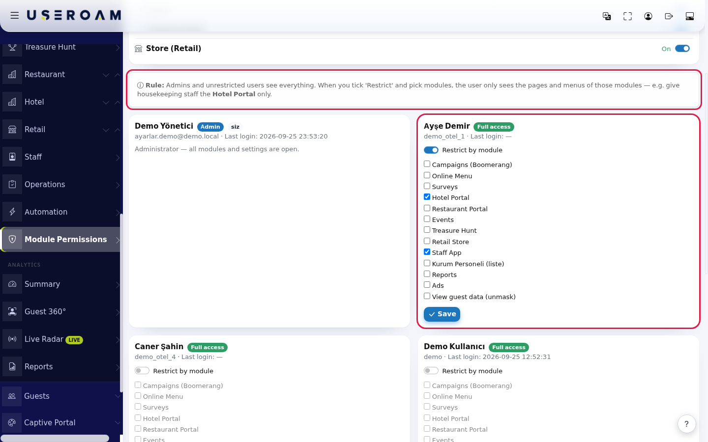Restrict by module switch, selected modules and Save