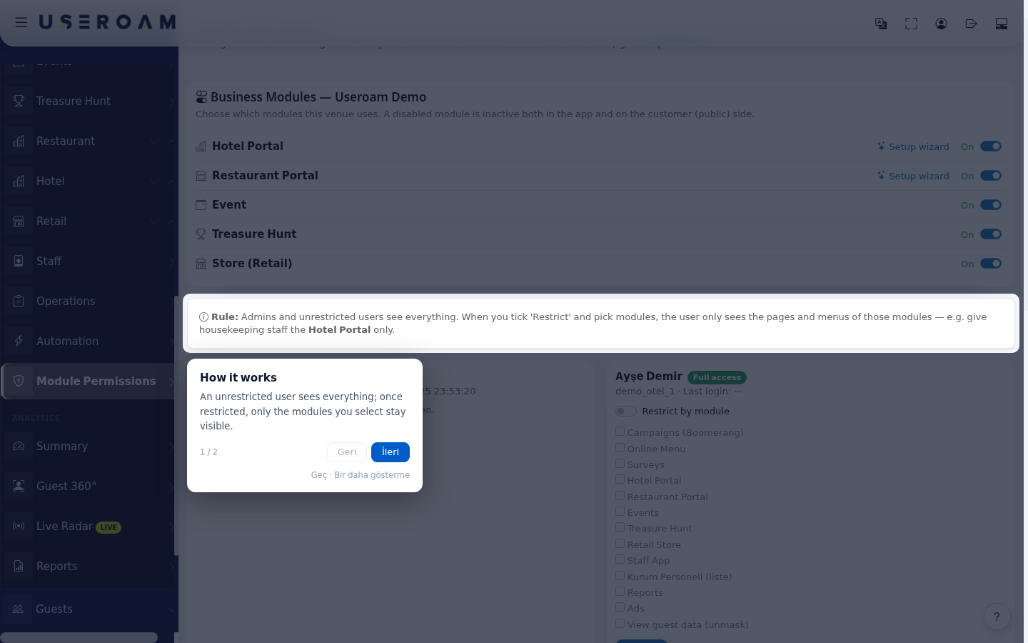 Tour window on the Module Permissions screen