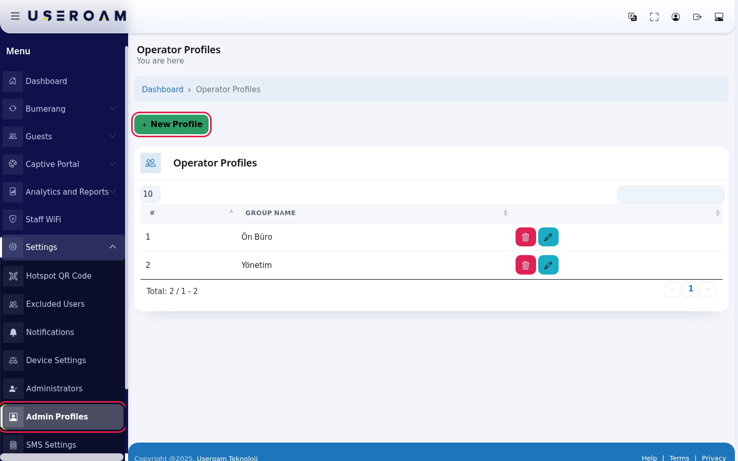 Operator Profiles list and New Profile button