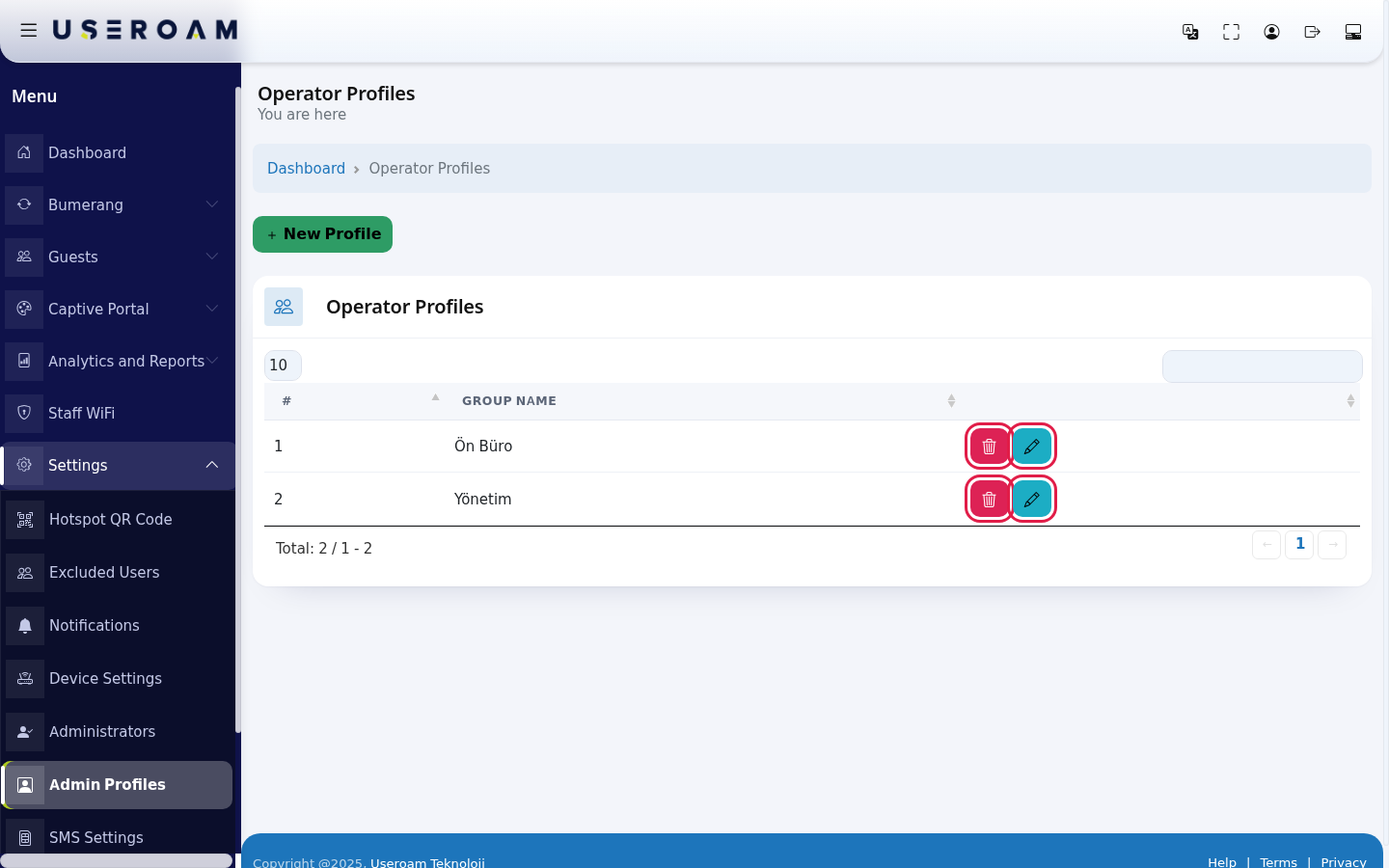 Edit and Delete buttons on a profile row