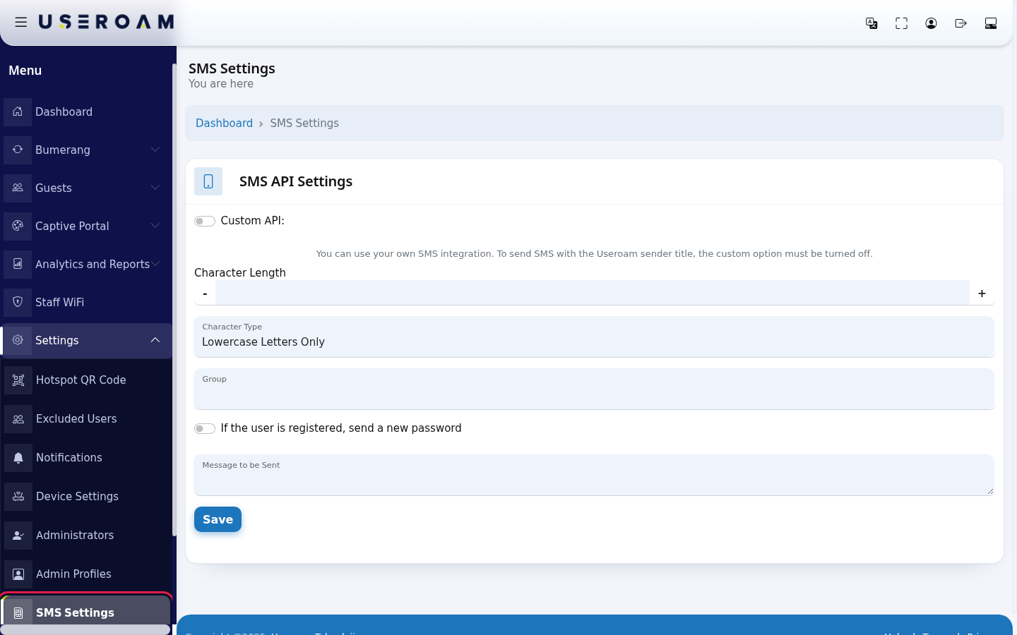 SMS Settings link in the left menu and SMS API Settings card