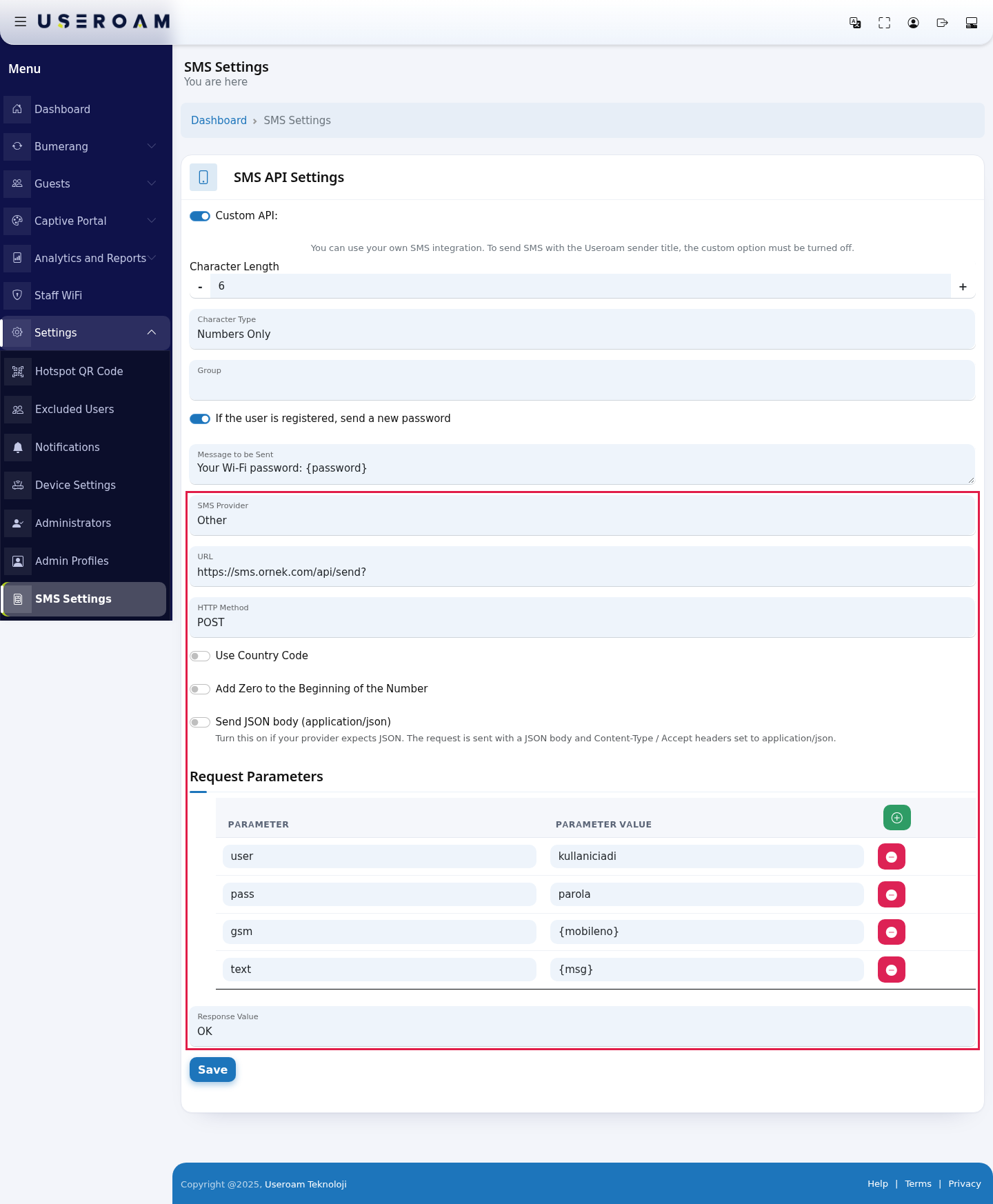 Custom API on, Other provider fields and Request Parameters table