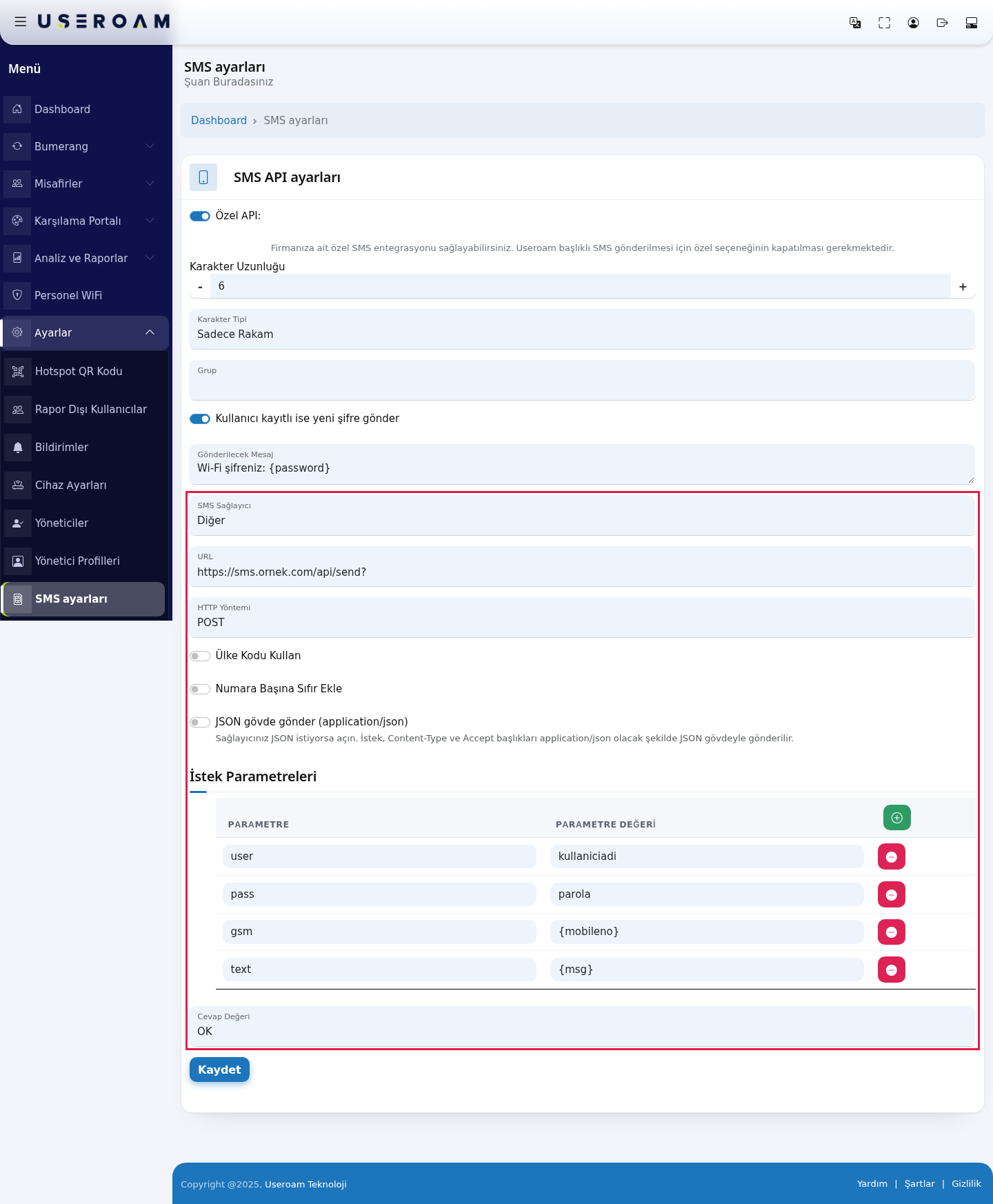 Özel API açık, Diğer sağlayıcı alanları ve İstek Parametreleri tablosu