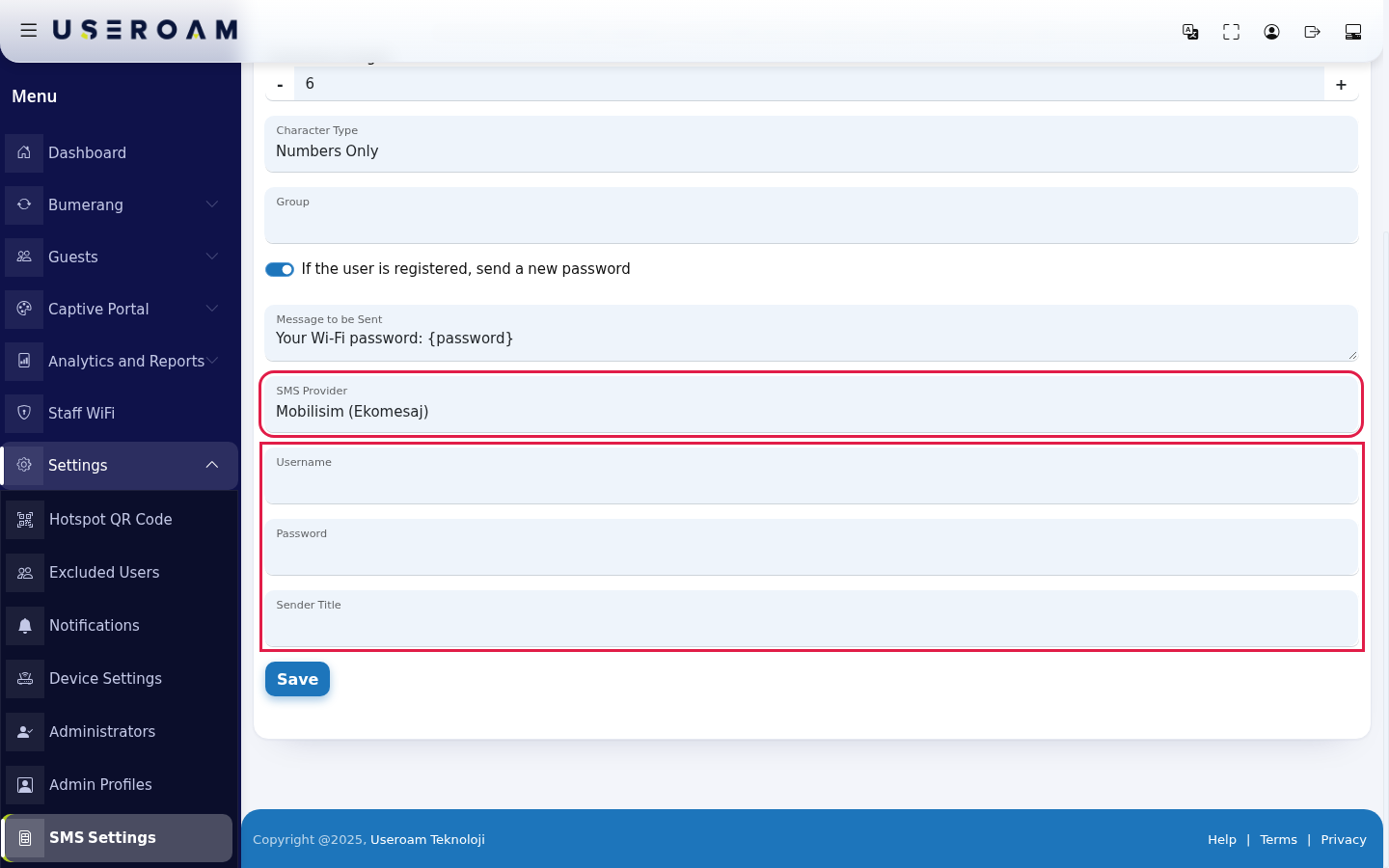 Username, Password, Sender Title fields with Mobilisim (Ekomesaj) selected