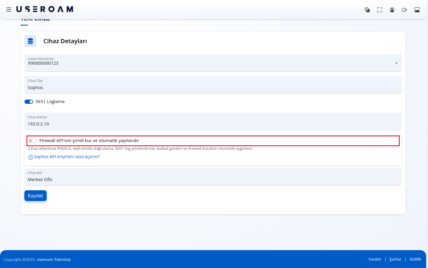 Firewall API'sini şimdi kur ve otomatik yapılandır anahtarı