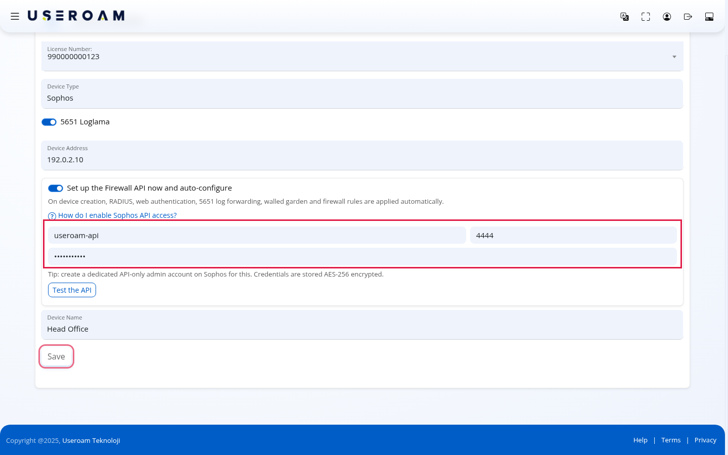 Sophos admin username, port and password fields