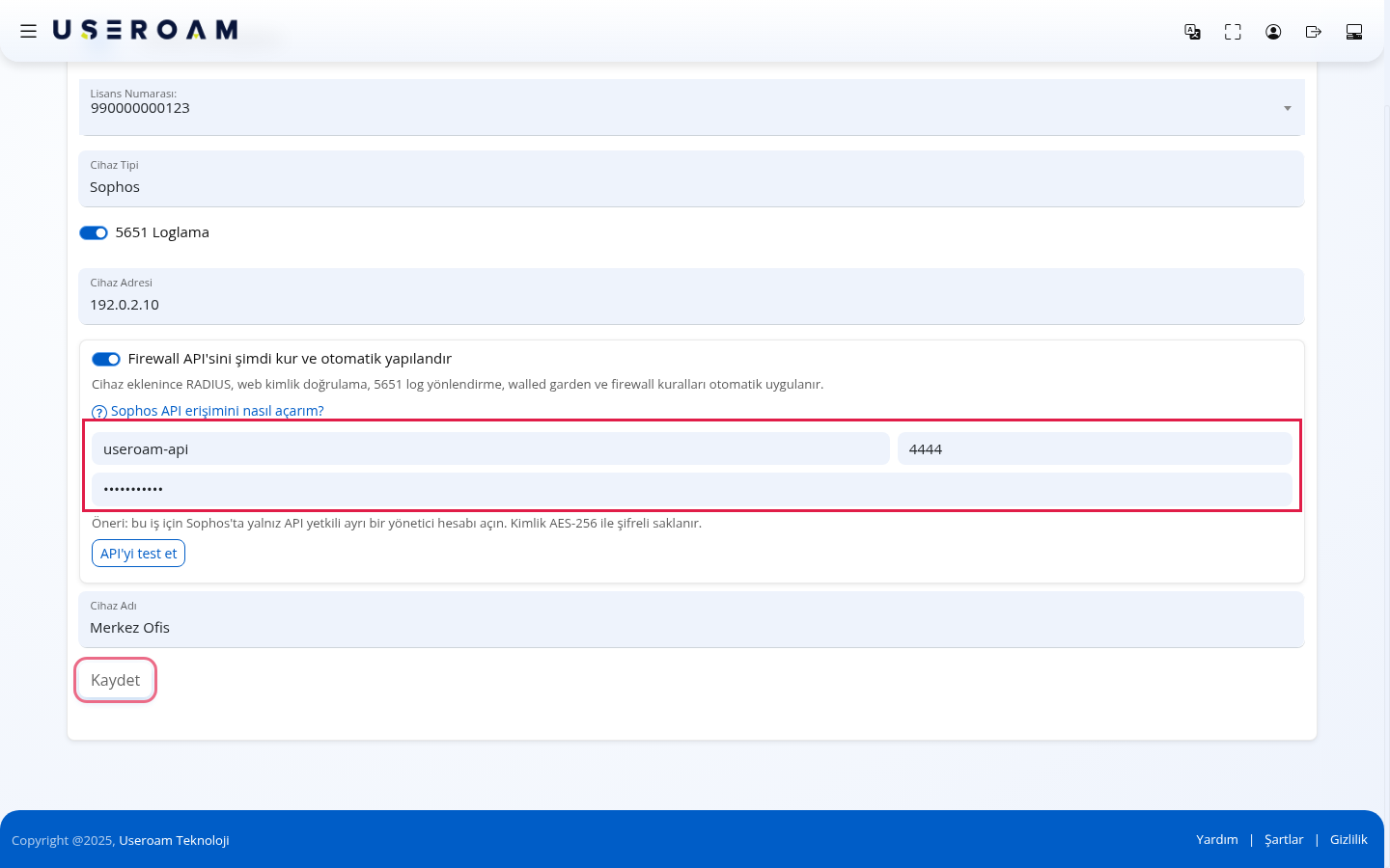 Sophos yönetici kullanıcı adı, port ve parola alanları