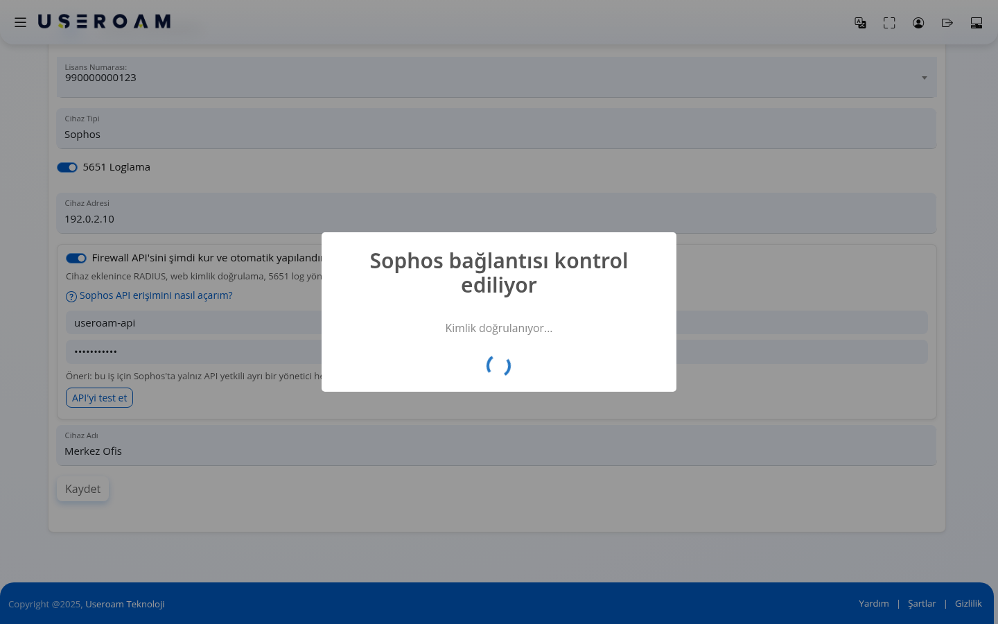 Sophos bağlantısı kontrol ediliyor penceresi