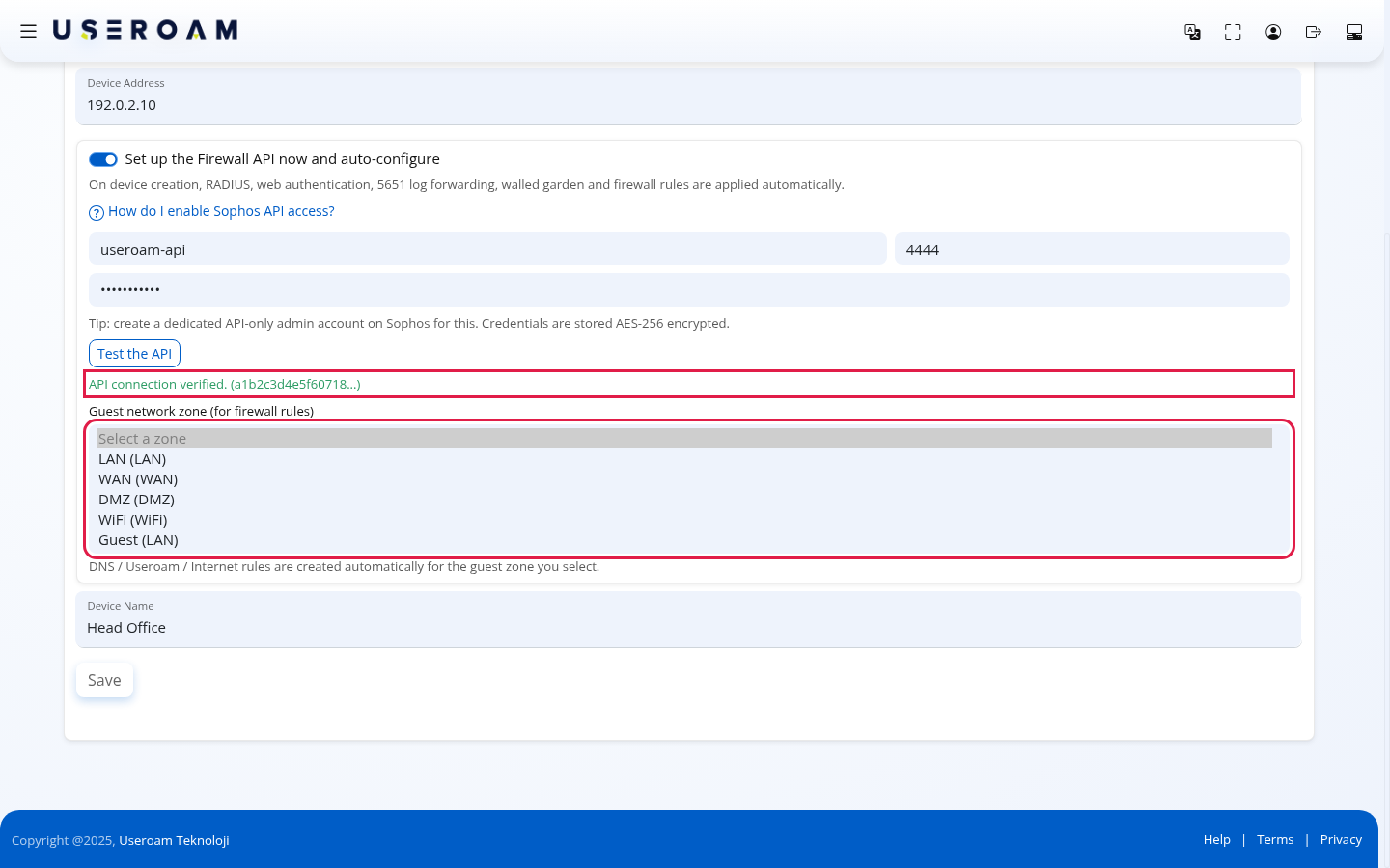 API connection verified text and zone list