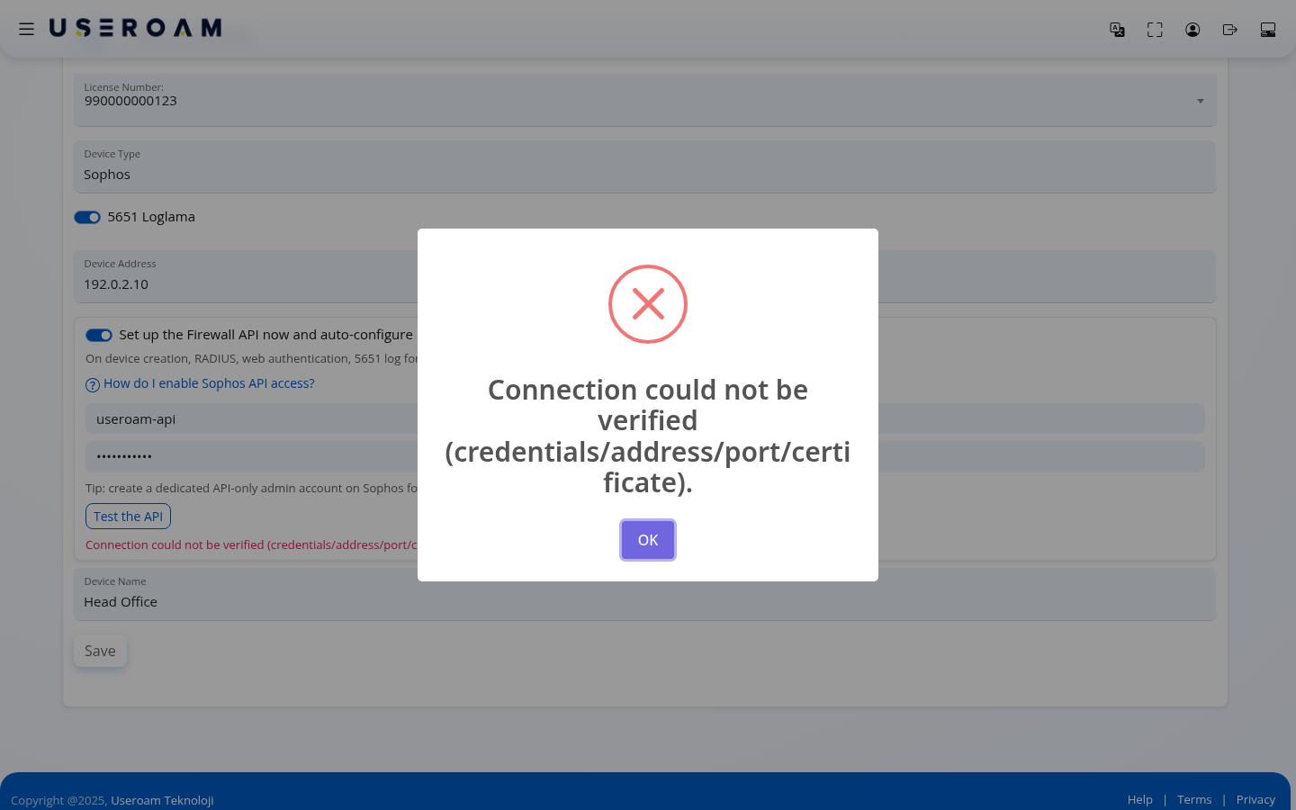 Connection could not be verified window