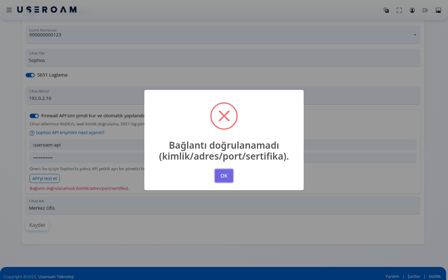 Bağlantı doğrulanamadı penceresi