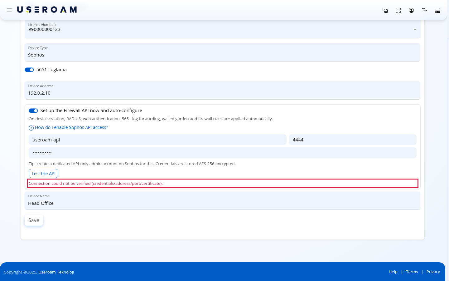 Red error text under Test the API