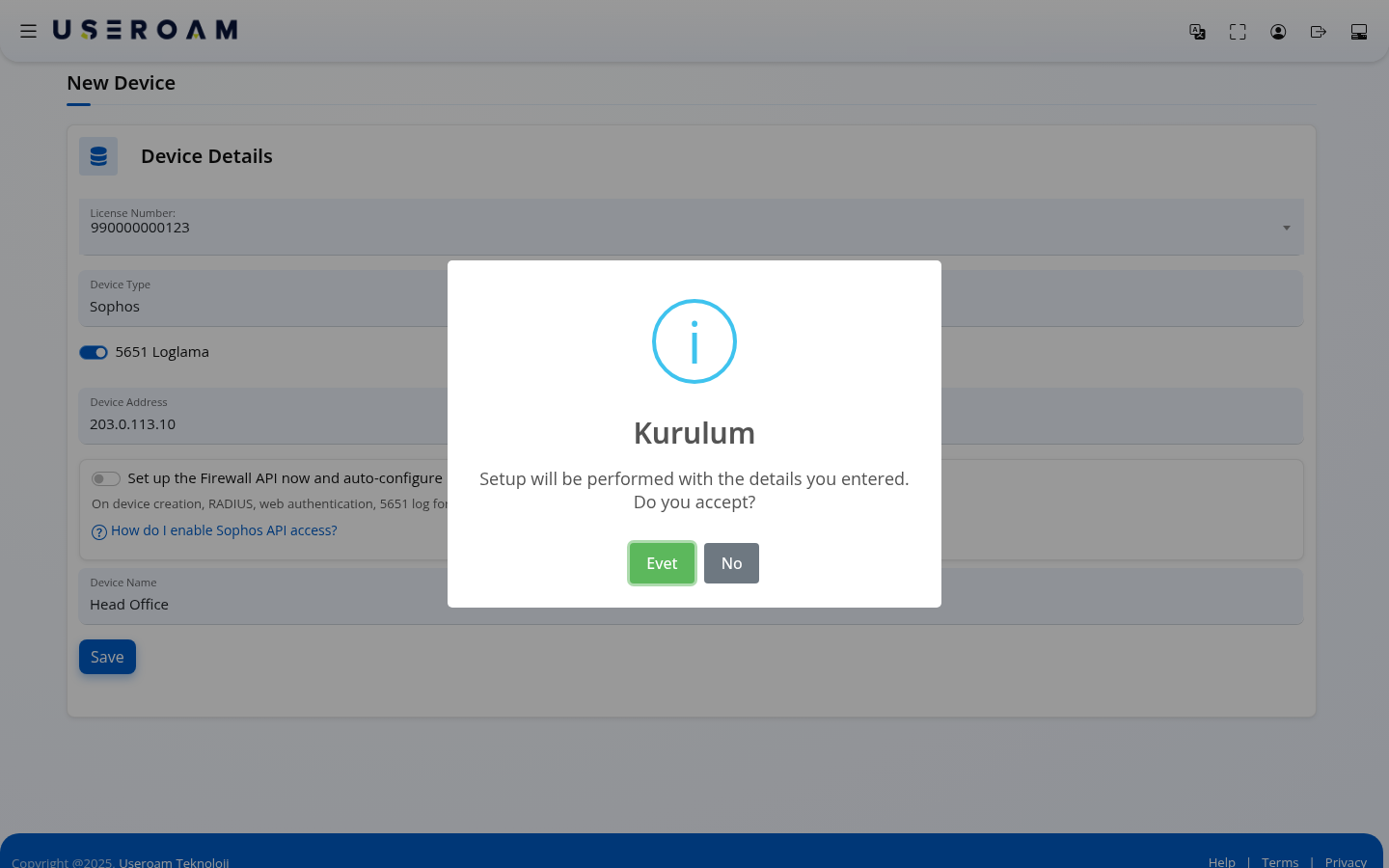 Setup confirmation window