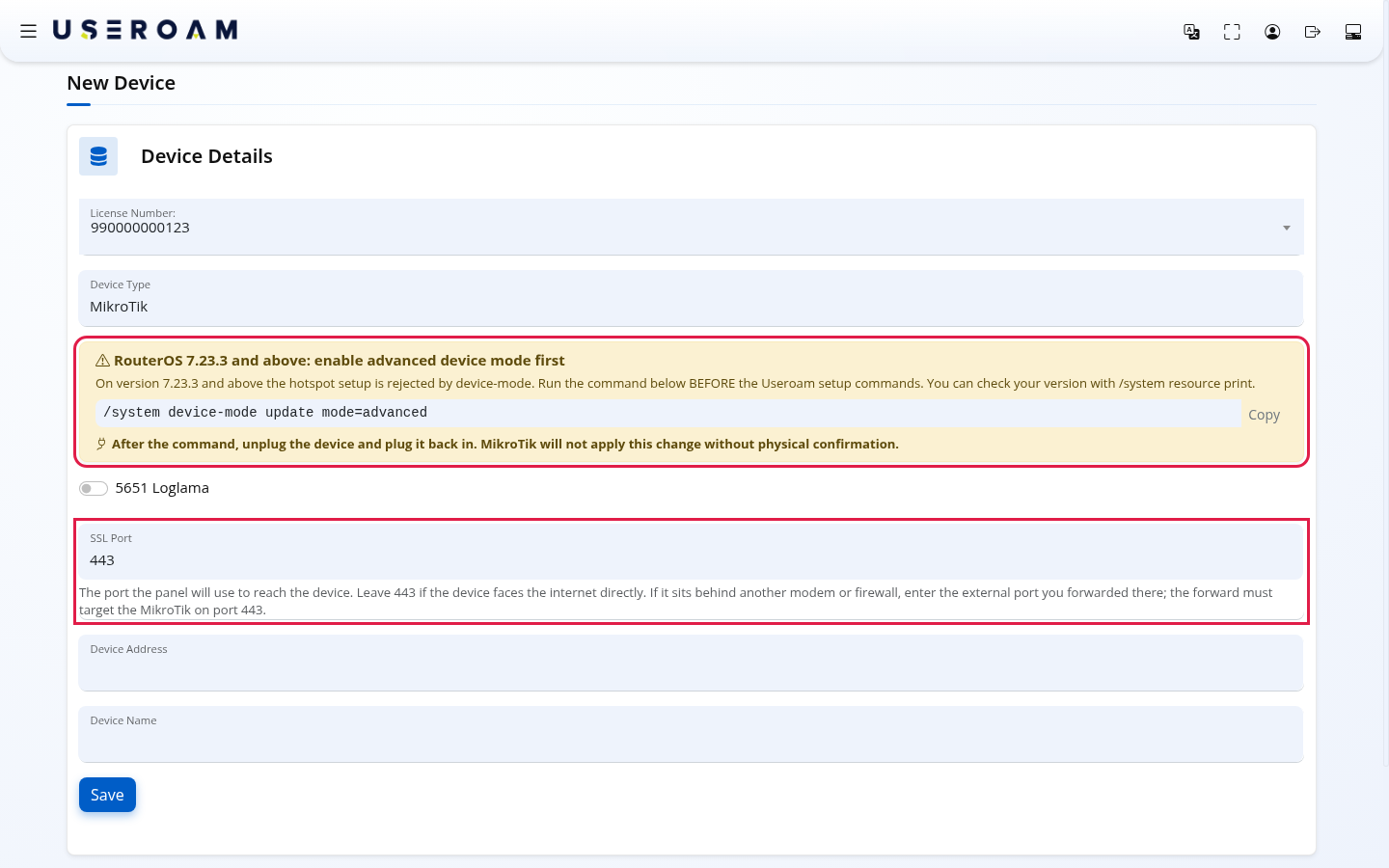 Device mode warning and SSL Port field shown for MikroTik